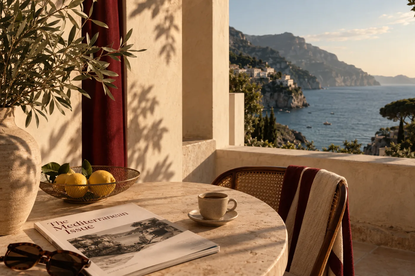 Magazine et café sur une table en pierre au coucher du soleil