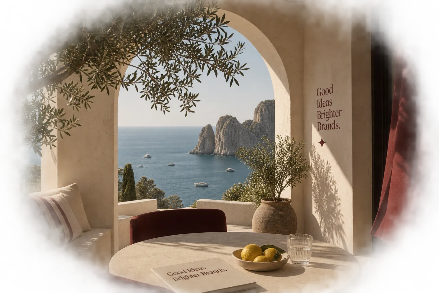Salon ouvert sur une arche et la mer, signature « Good Ideas, Brighter Brands » peinte au mur